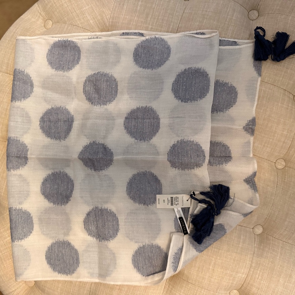 Talbots Blue and White Dotted Scarf with Fringe